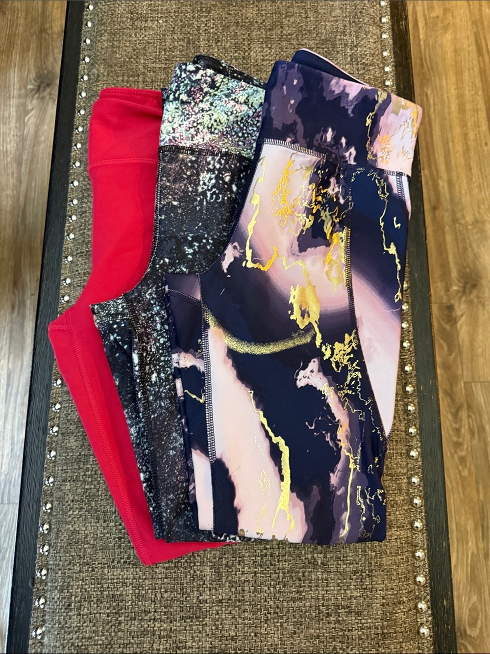Old Navy Marble Print Leggings with Gold Accents - Purple Pink & Red